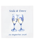 Two champagne glasses toasting on a Delft Blue ceramic tile without corner ornaments