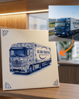 20x20 cm B2B ceramic Dutch Tile featuring a custom truck design, displayed in a cabinet.