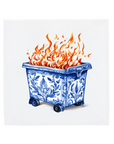 Ceramic Dutch Tile featuring a dumpster with floral motifs and fire inside.