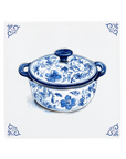 Delft Blue Floral Cooking Pot Ceramic Tile Illustration in Dutch Porcelain Style