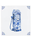 Ceramic Dutch Tile with decorative corner ornaments, featuring a vintage gas pump with Delft blue motifs.