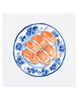 Ceramic Dutch Tile featuring nigiri served on a Delft blue plate.