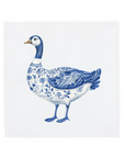 Decorative goose with blue floral patterns on a white tile background