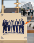 15x15 cm B2B ceramic Dutch Tile featuring a team photo standing on a desk in an office.