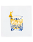 An amaretto sour cocktail on a Delft Blue ceramic tile without corner ornaments