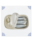 A retro tin of sardines illustration by Corinne Alexander on a handmade ceramic tile