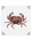 A characterful colourful crab illustration by Corinne Alexander on a handmade ceramic tile