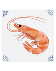 A vivid prawn illustration by Corinne Alexander on a handmade ceramic tile