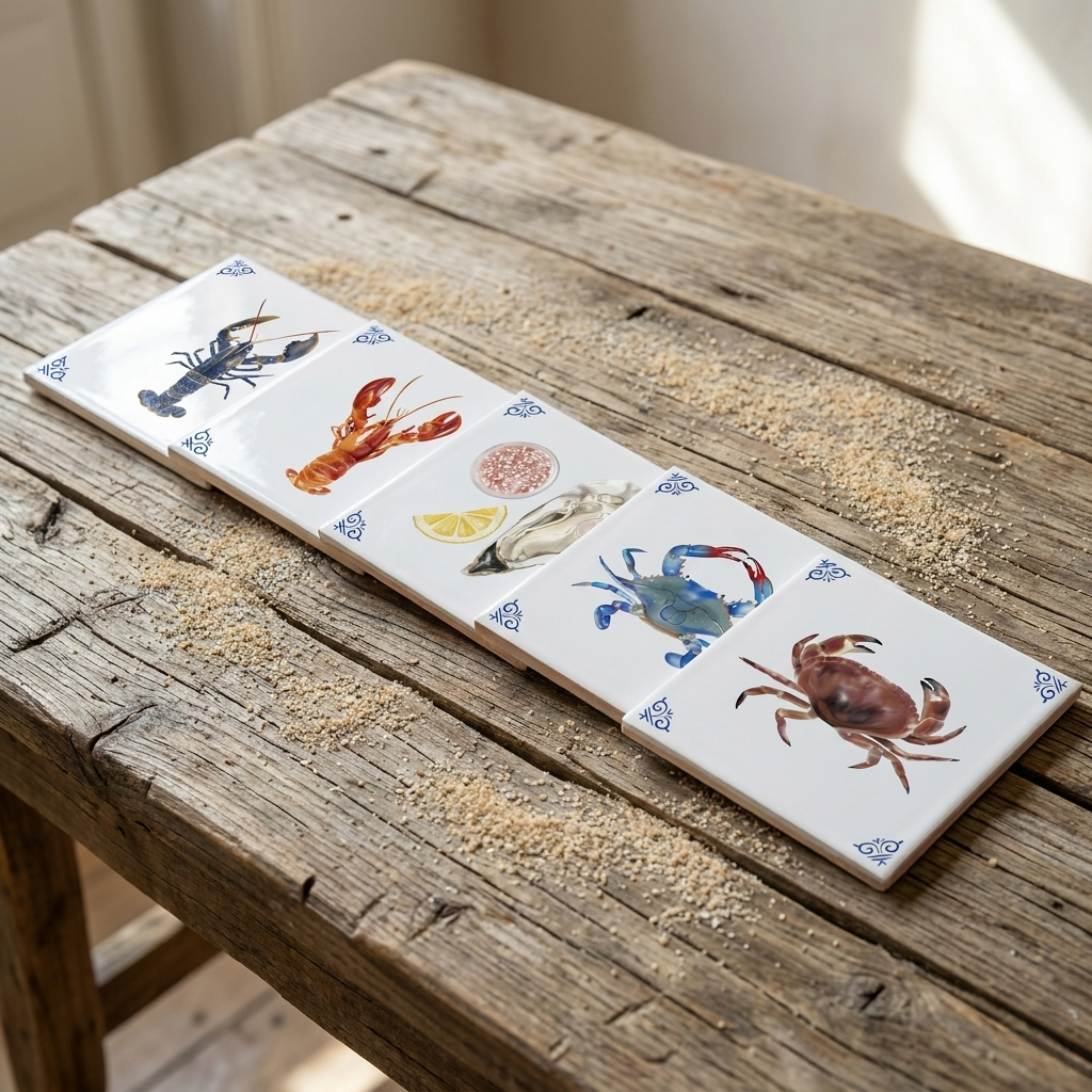 Limited edition ceramic tiles featuring colorful seafood illustrations on a rustic wooden table.