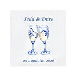 Two champagne glasses toasting on a Delft Blue ceramic tile without corner ornaments