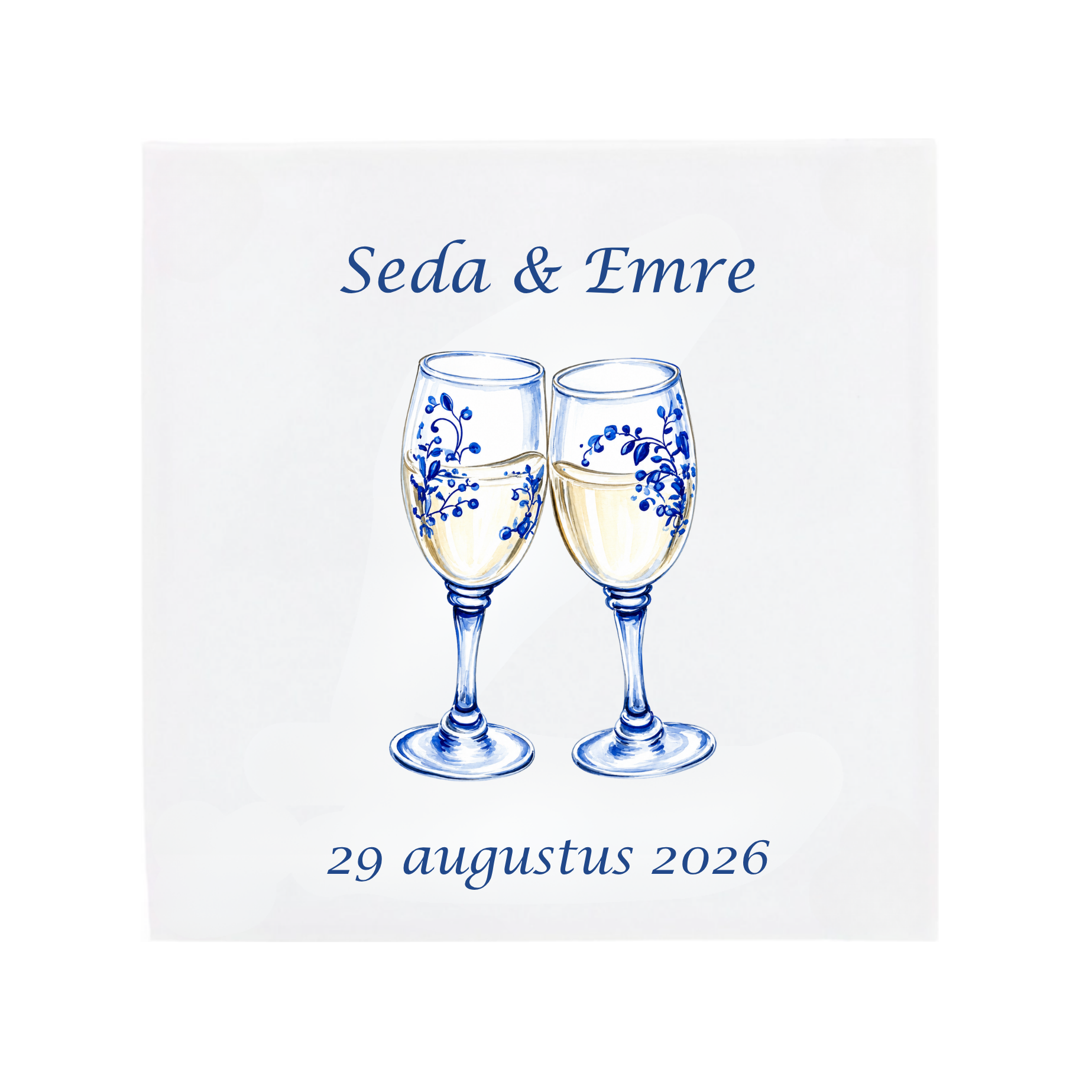 Two champagne glasses toasting on a Delft Blue ceramic tile without corner ornaments