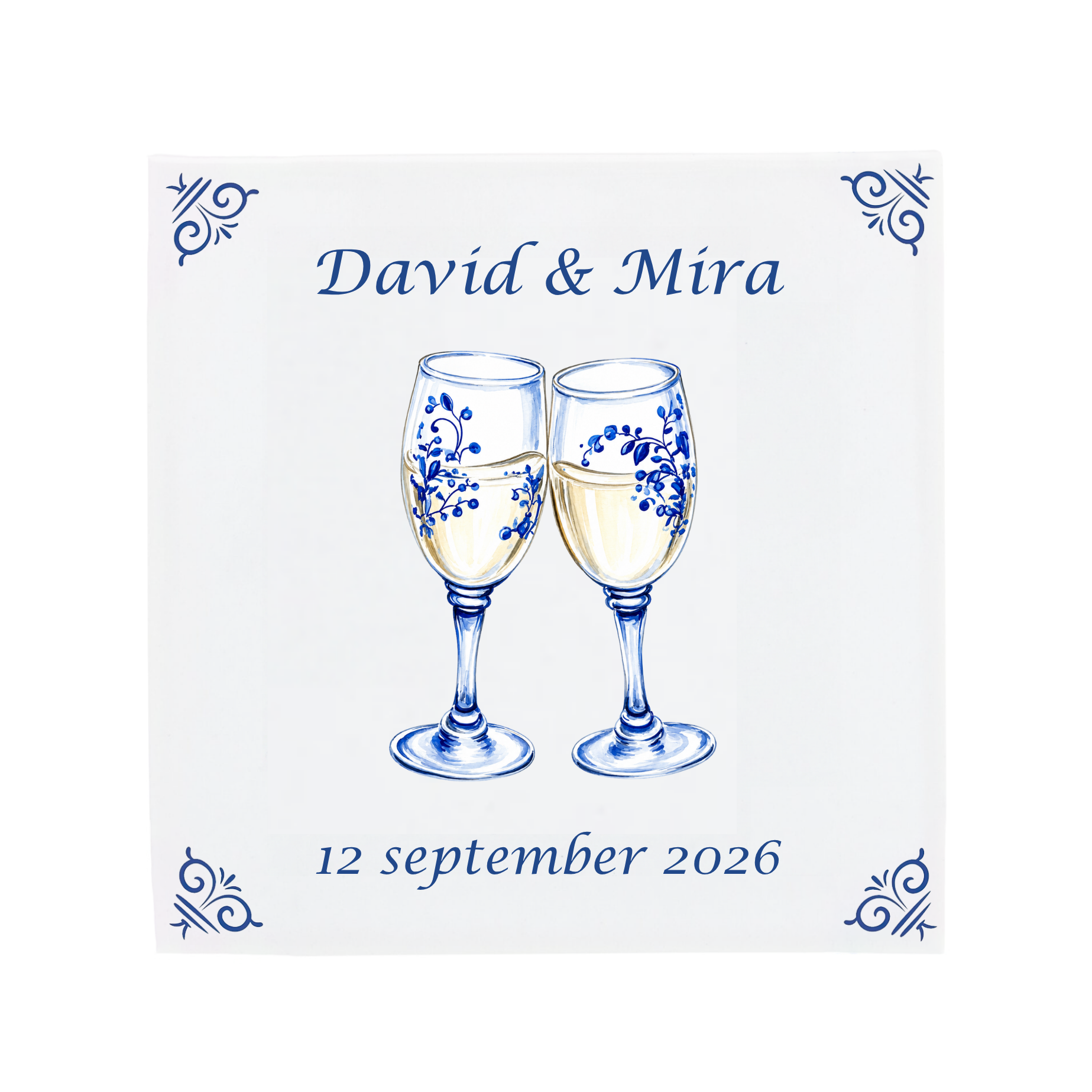 Two champagne glasses toasting on a Delft Blue ceramic tile with decorative corner ornaments