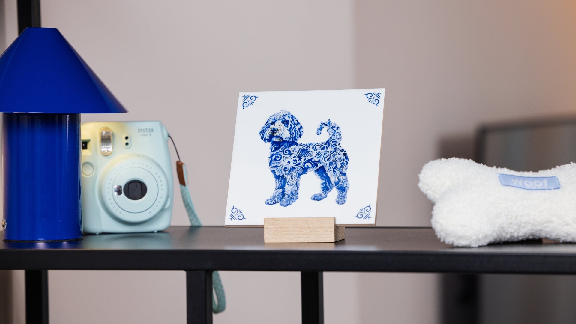 Labradoodle tile on a shelf