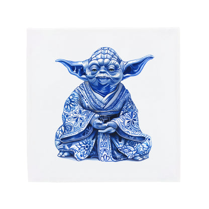 a blue and white drawing of a yoda