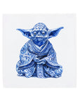 a blue and white drawing of a yoda