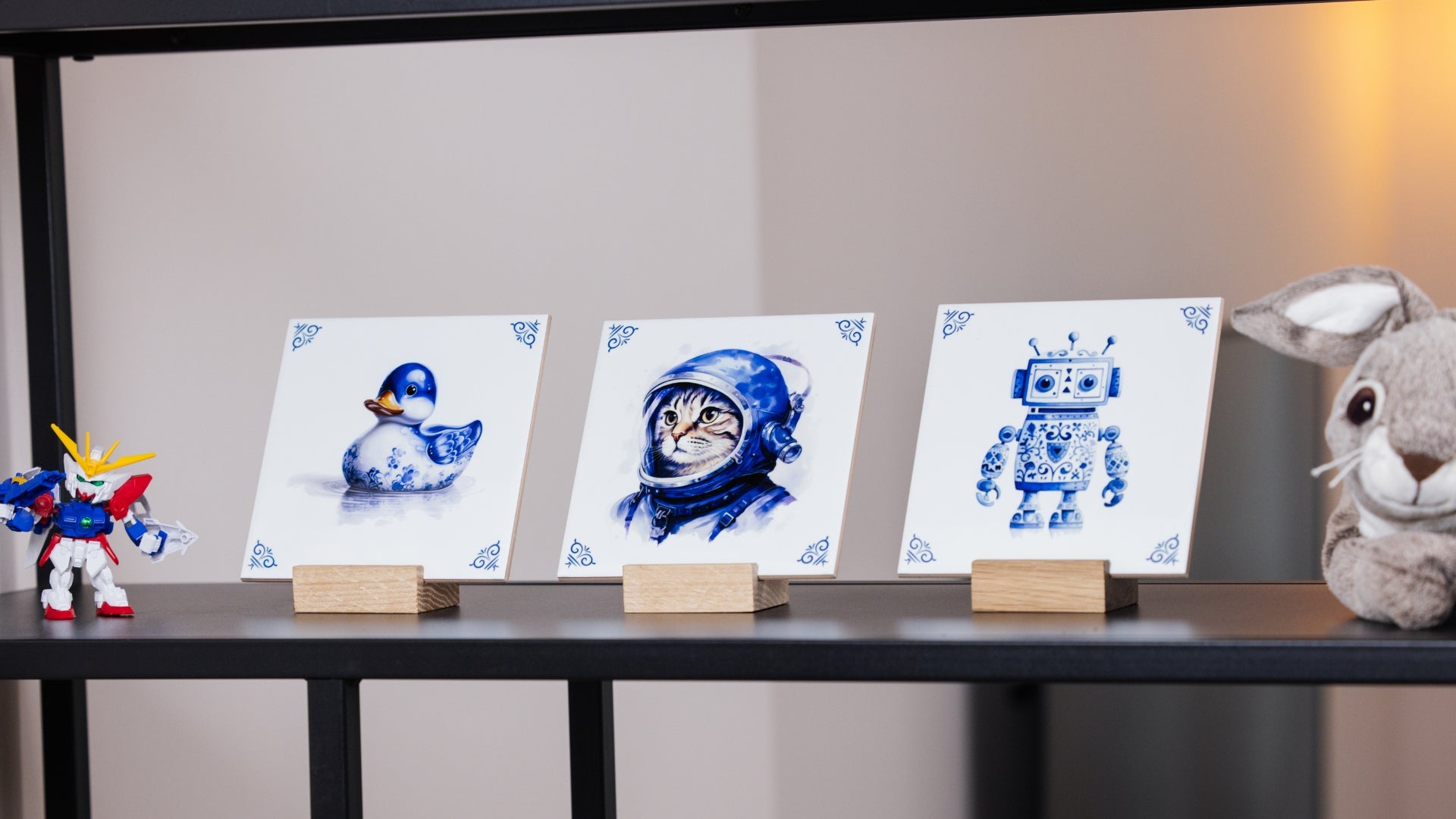 Ducky, spacecat and robot tile on a shelf