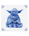 a blue and white drawing of a yoda