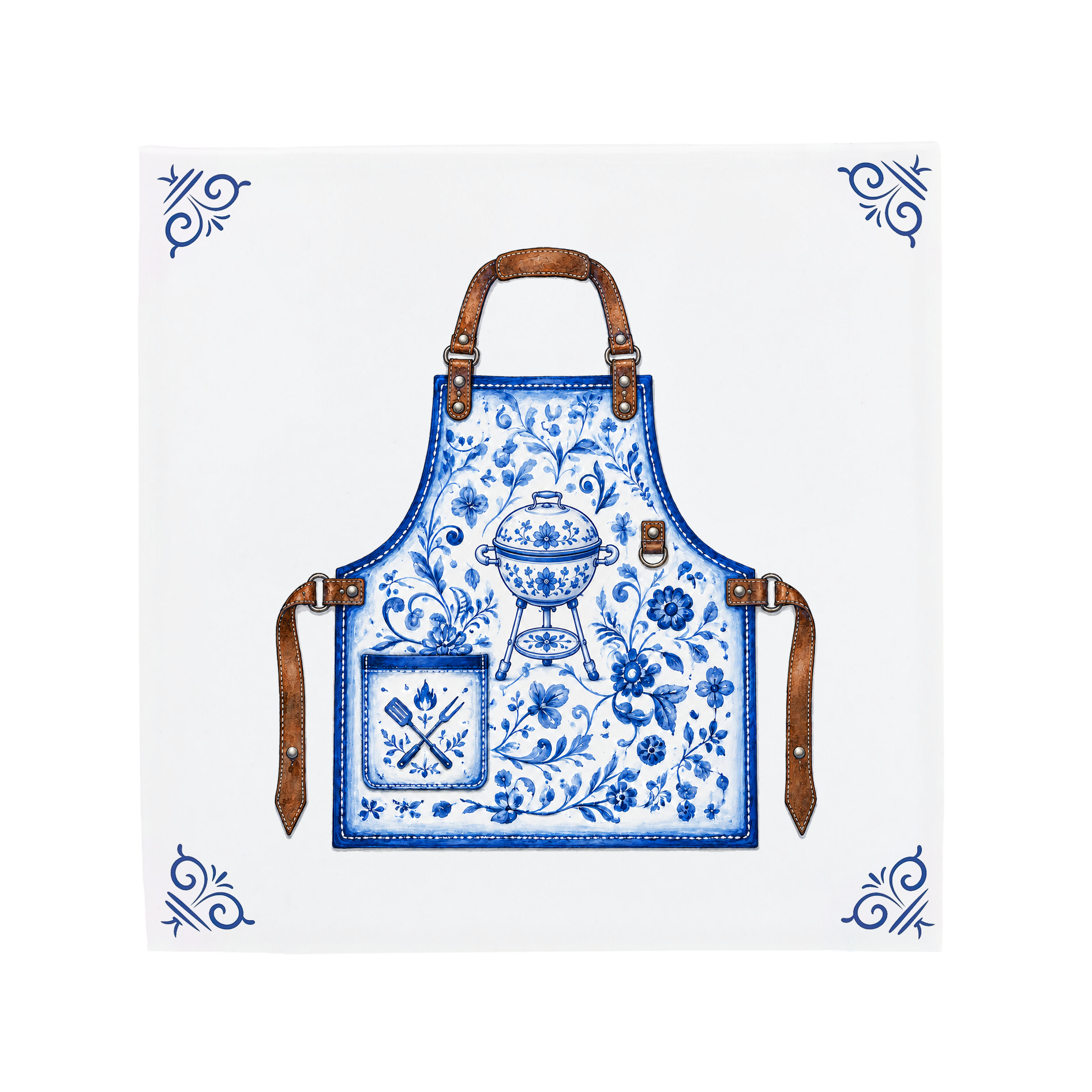Blue Delftware BBQ Apron Ceramic Tile Art with Floral Pattern and Leather Straps for Father's Day