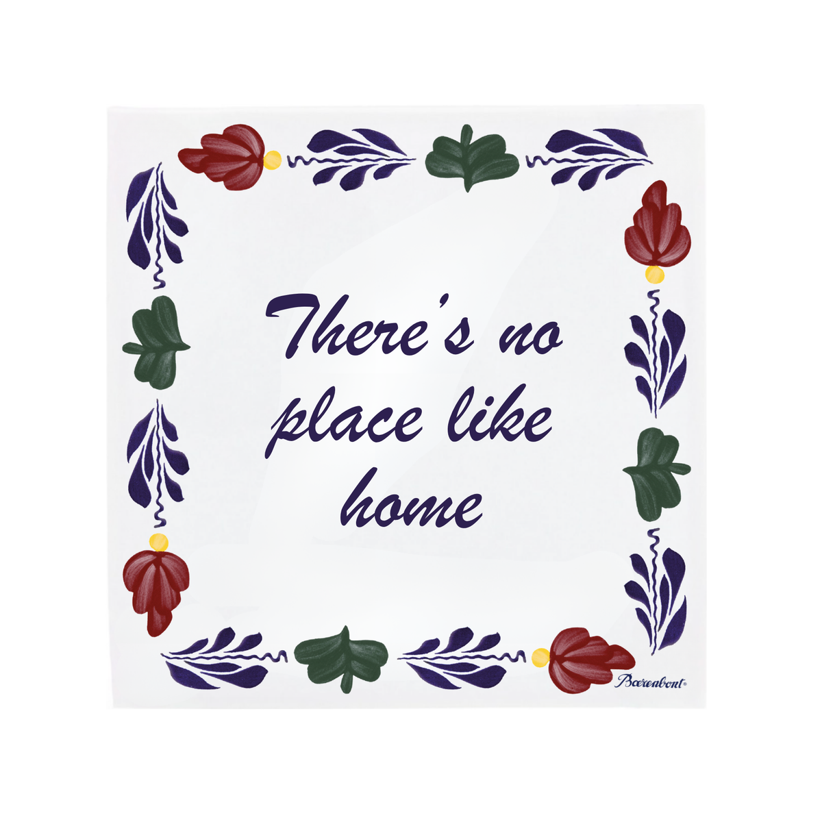 An example of a ceramic tile with Boerenbont pattern with the quote, 'There's no place like home' in dark purple script [market:!nl,!de,!at,!fr]