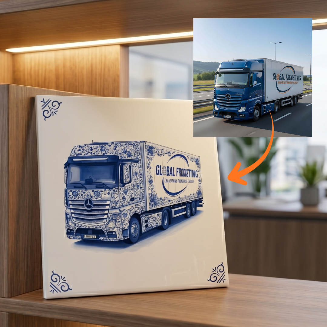 20x20 cm B2B ceramic Dutch Tile featuring a custom truck design, displayed in a cabinet.