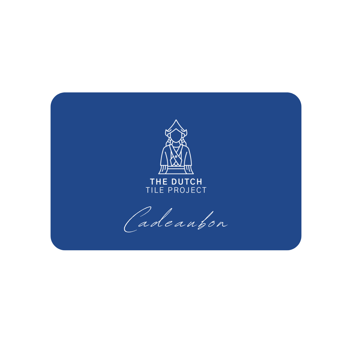 Blauwe cadeaubon van The Dutch Tile Project met wit logo en het woord “Cadeaubon” in handgeschreven stijl. [market:nl]