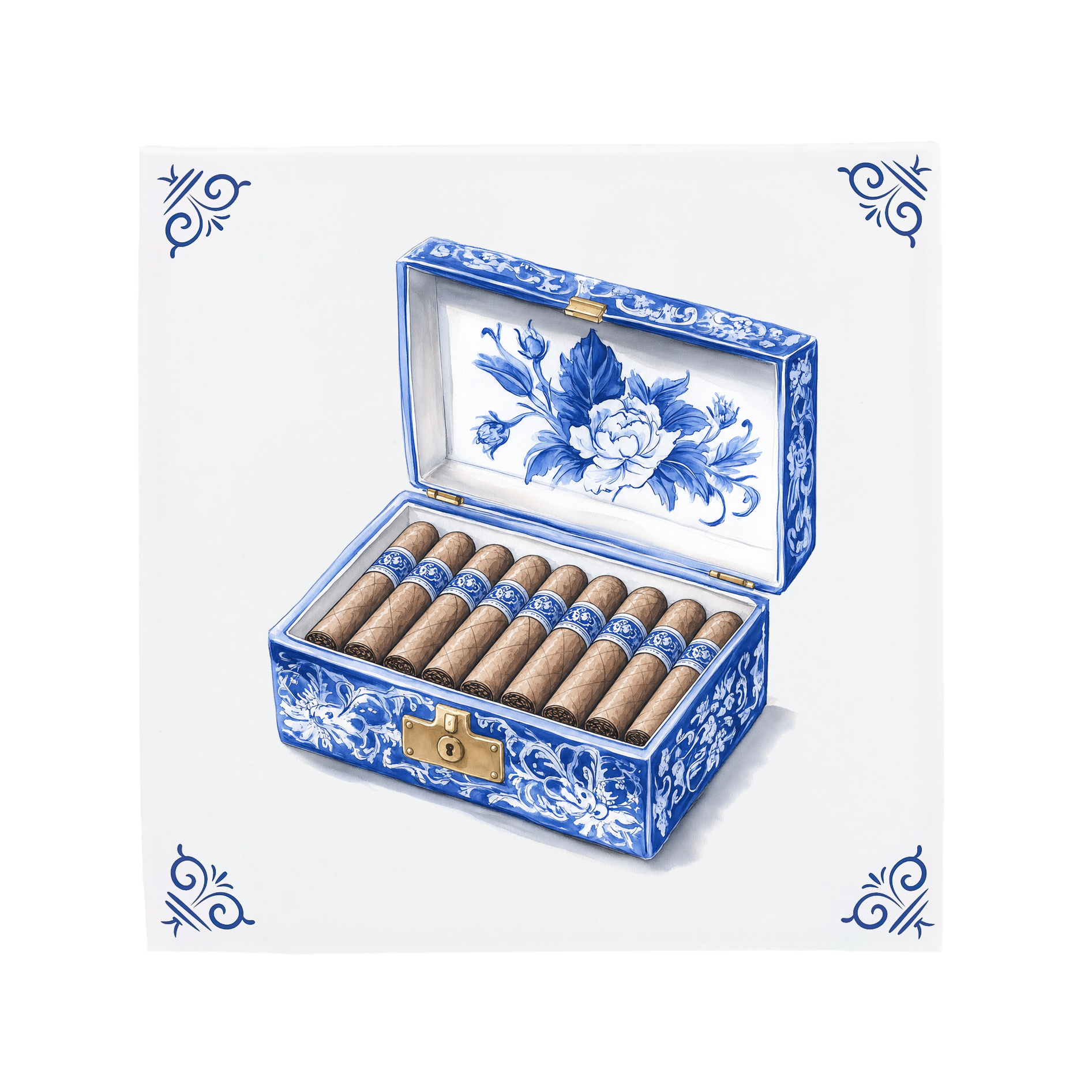 Delft Blue Cigar Box Ceramic Tile Illustration with Floral Porcelain Design