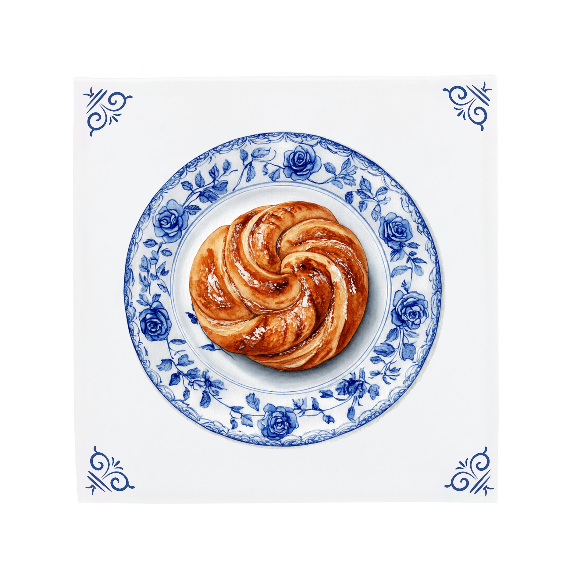Dutch Delft Blue Pastry on Floral Plate Ceramic Tile Kitchen Wall Art
