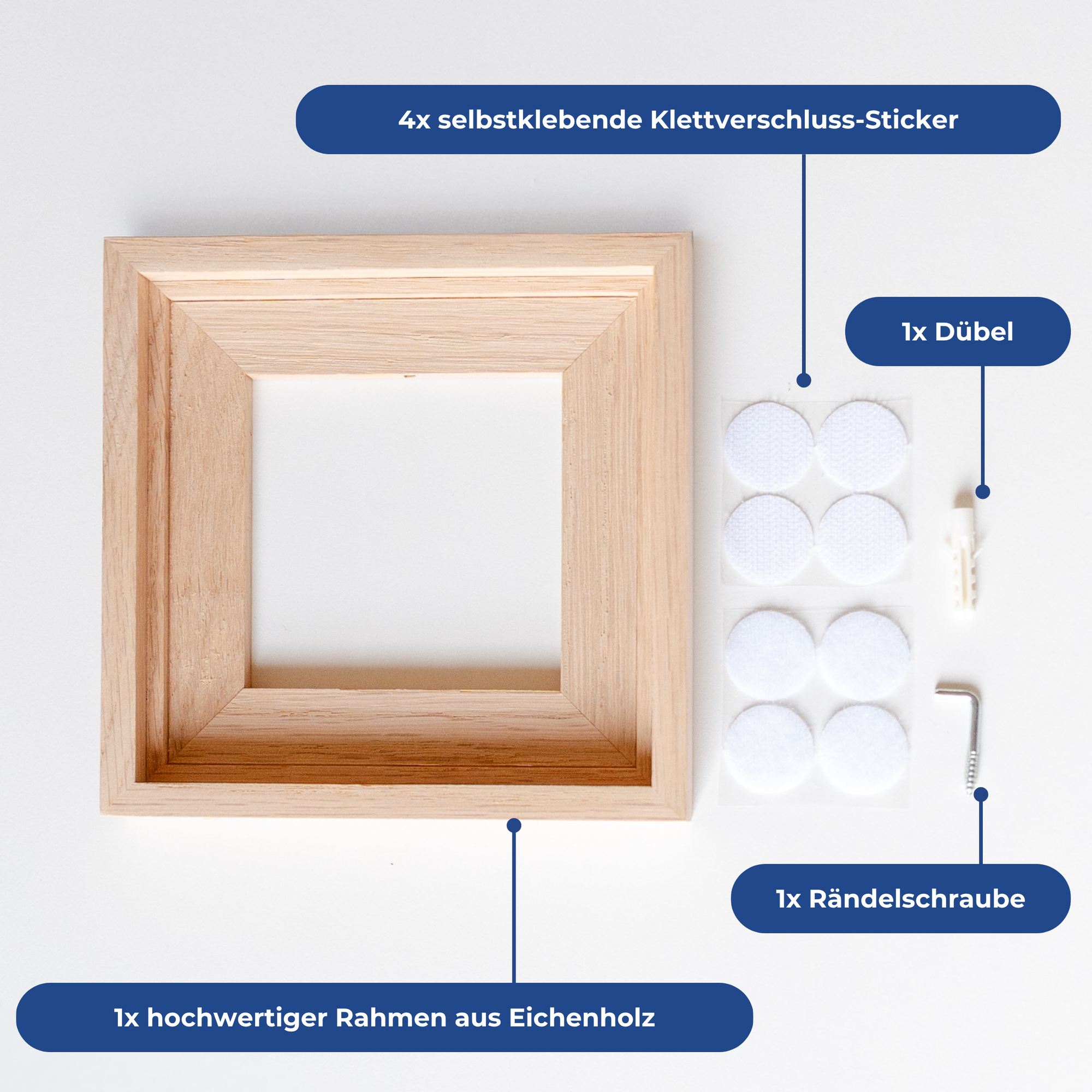 Eichenholzrahmen und das mitgelieferte Material auf einem Tisch ausgelegt. [market:de, at]