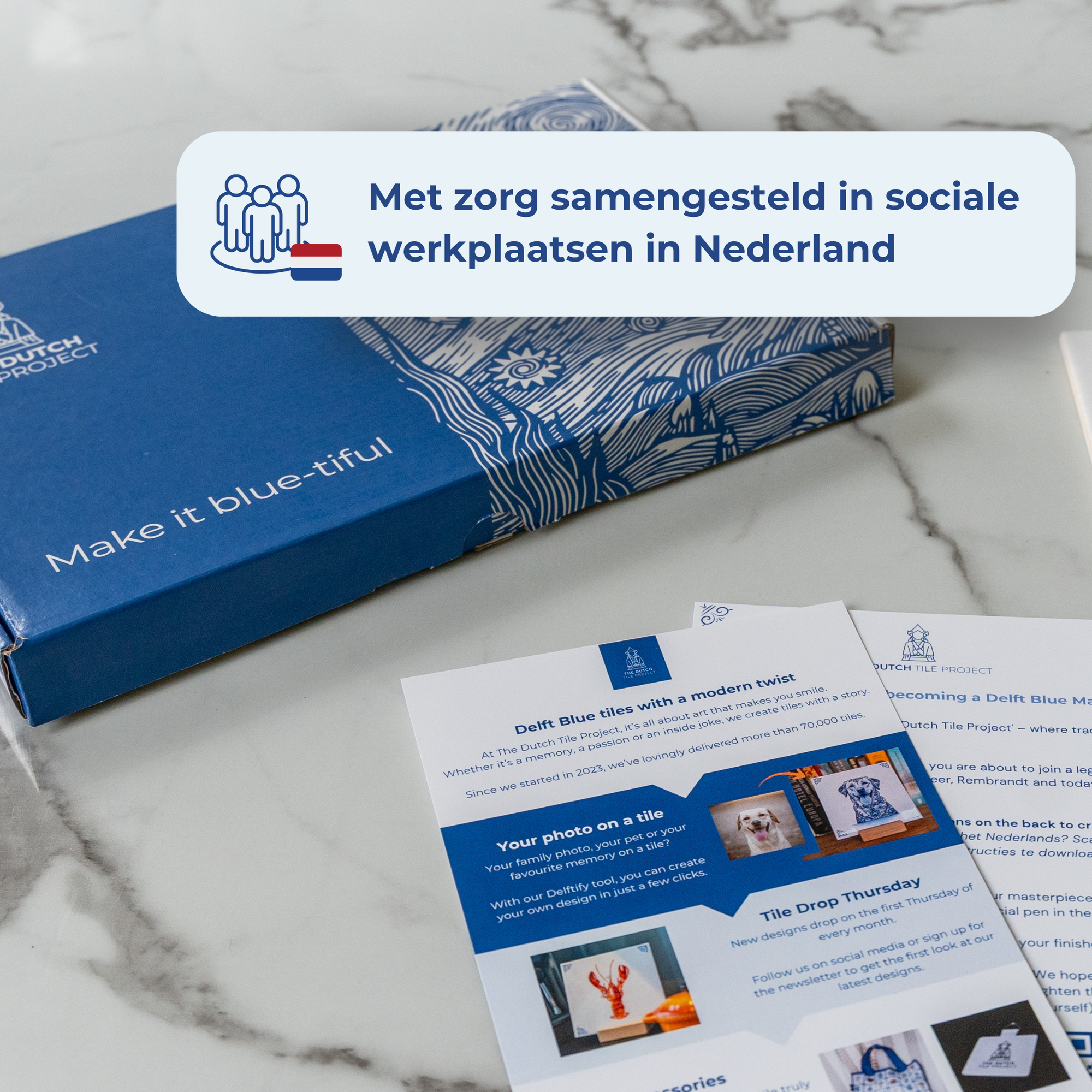 DIY kit product photo with text highlighting that it is assembled with care in a Dutch social workshop. [market: nl]