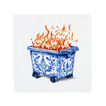 Ceramic Dutch Tile featuring a dumpster with floral motifs and fire inside.