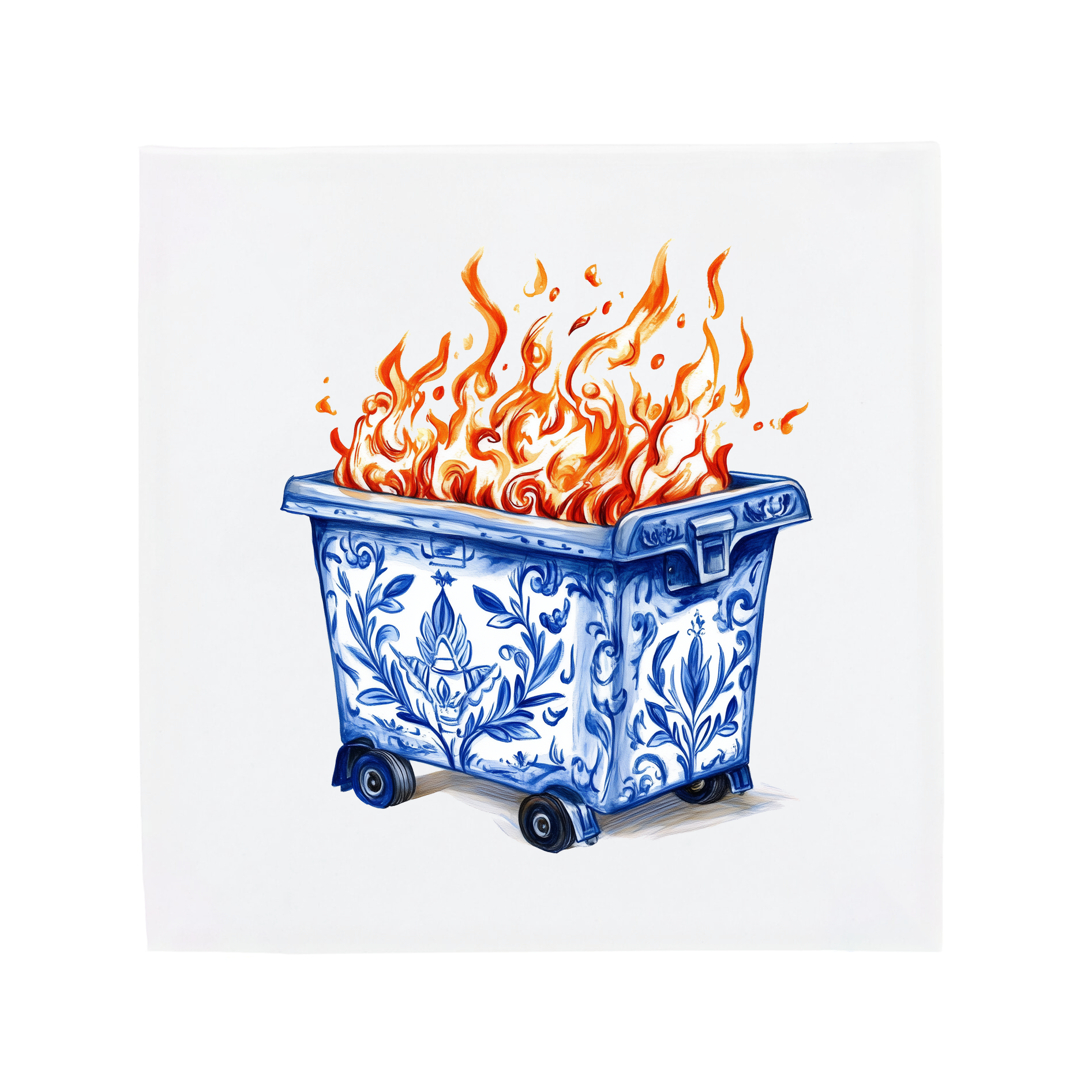 Ceramic Dutch Tile featuring a dumpster with floral motifs and fire inside.