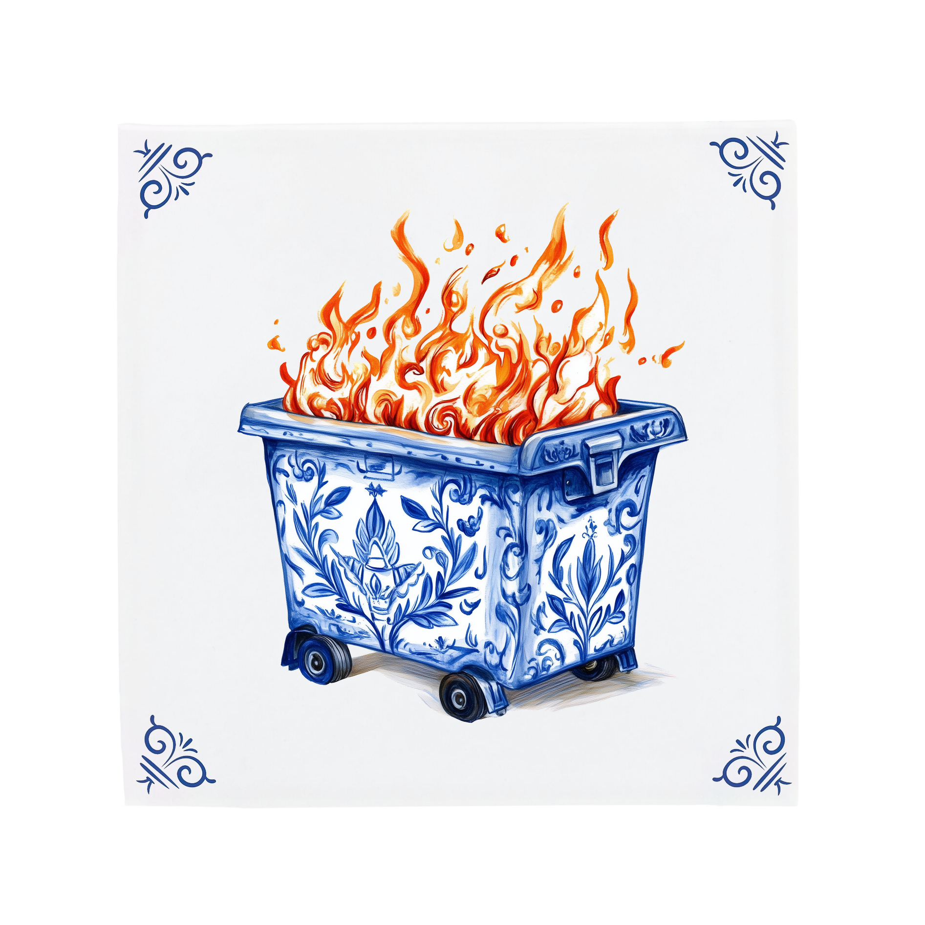 Ceramic Dutch Tile with decorative corner ornaments, featuring a dumpster with floral motifs and fire inside.