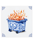 Ceramic Dutch Tile with decorative corner ornaments, featuring a dumpster with floral motifs and fire inside.