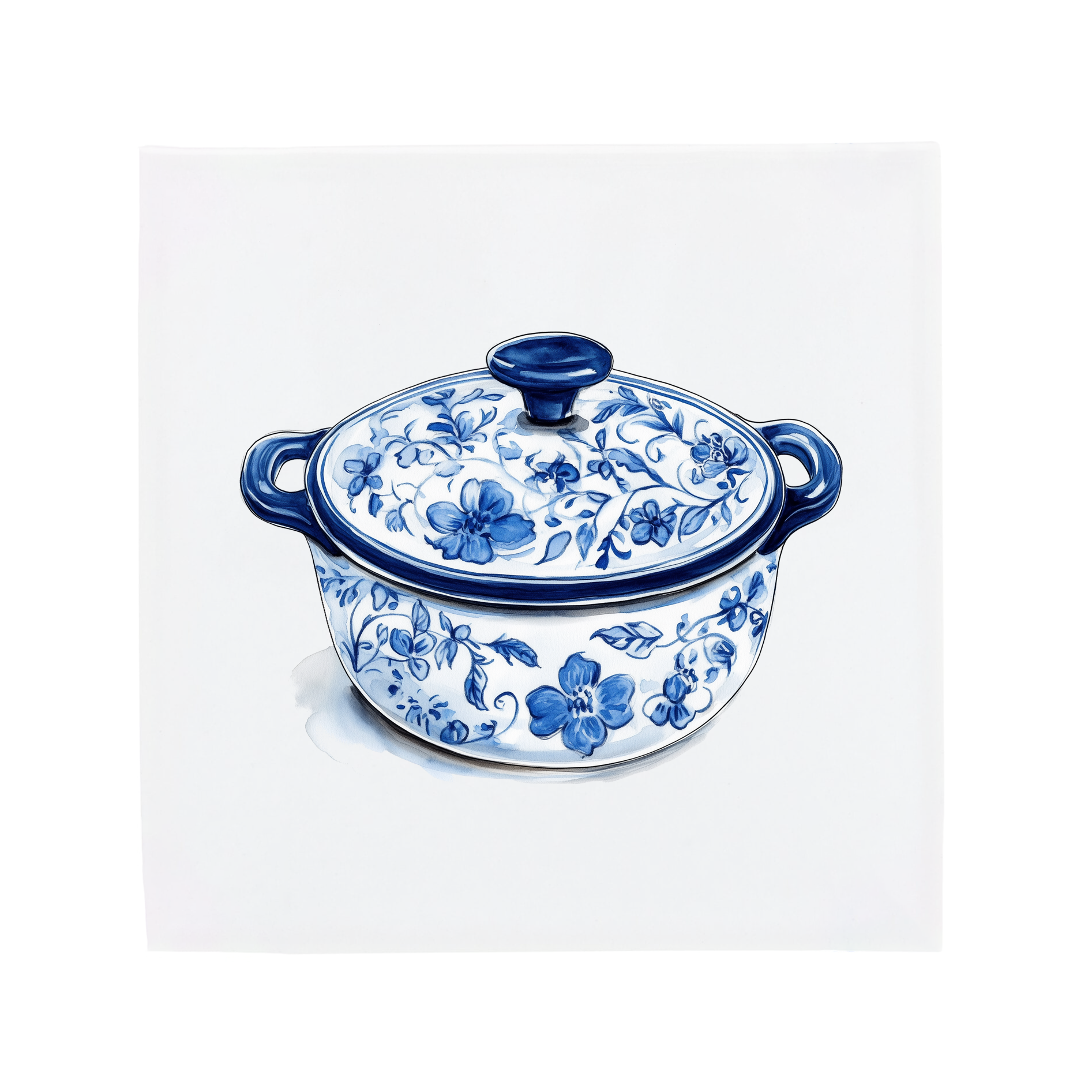 Delft Blue Floral Cooking Pot Ceramic Tile Illustration in Dutch Porcelain Style