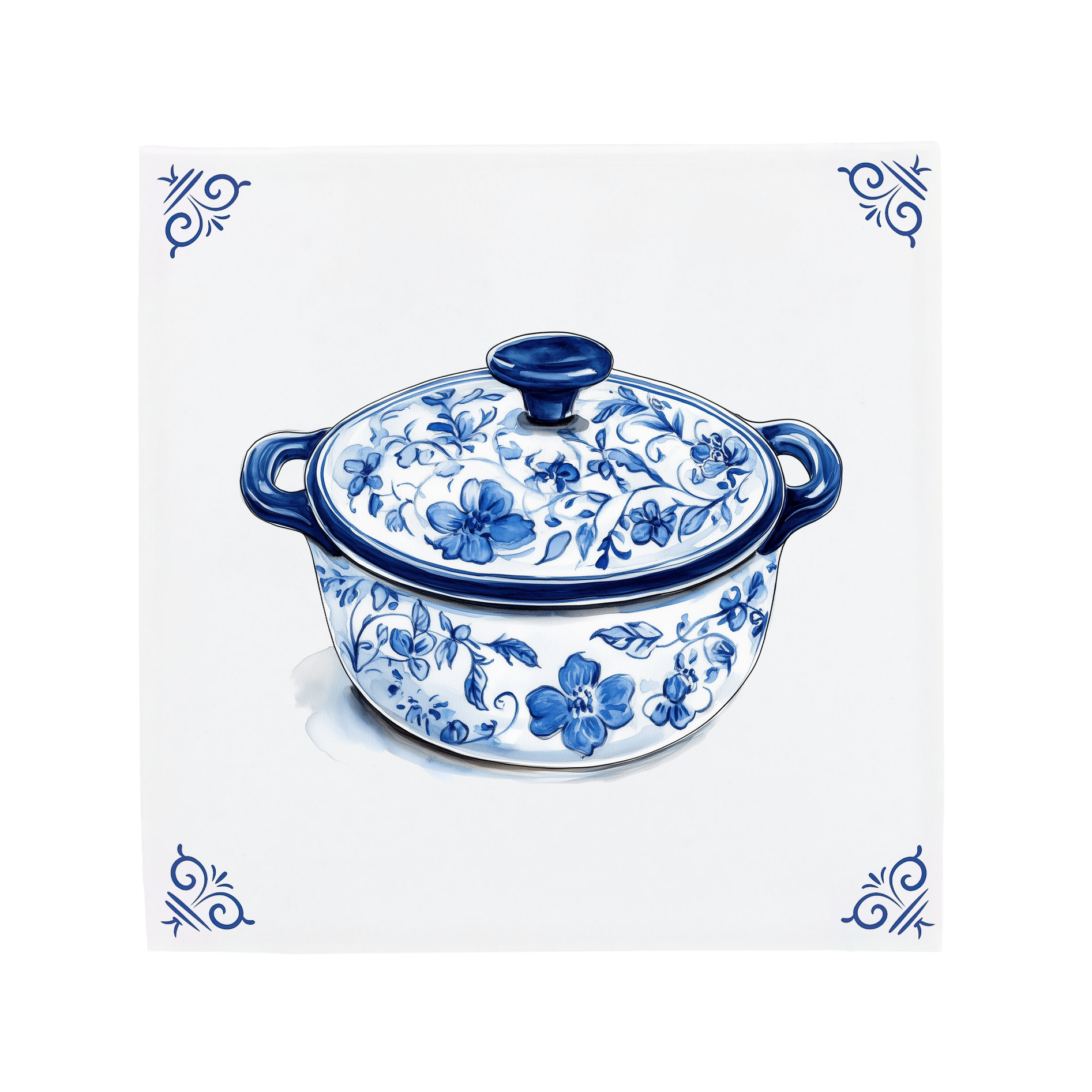 Delft Blue Floral Cooking Pot Ceramic Tile Illustration in Dutch Porcelain Style
