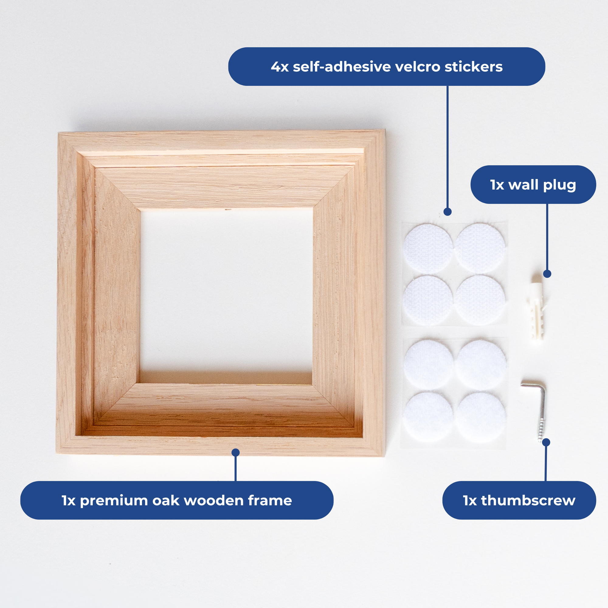 Oak wooden frame and the materials it comes with displayed on a table [market:!nl,!de,!at]