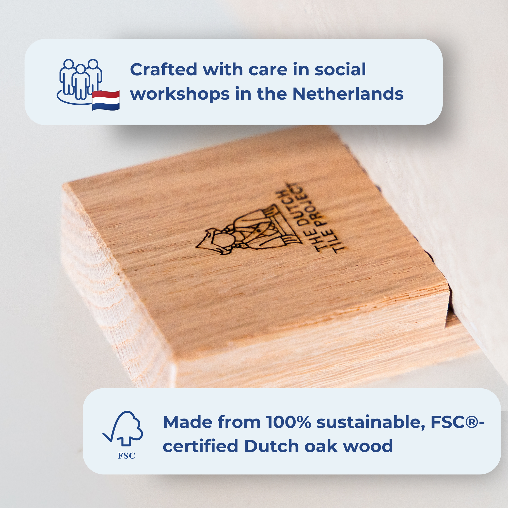 Close-up of a wooden tile holder made from sustainable FSC®-certified Dutch oak wood and crafted in social workshops in the Netherlands. [market:!nl,!de,!at]