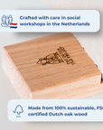 Close-up of a wooden tile holder made from sustainable FSC®-certified Dutch oak wood and crafted in social workshops in the Netherlands. [market:!nl,!de,!at]
