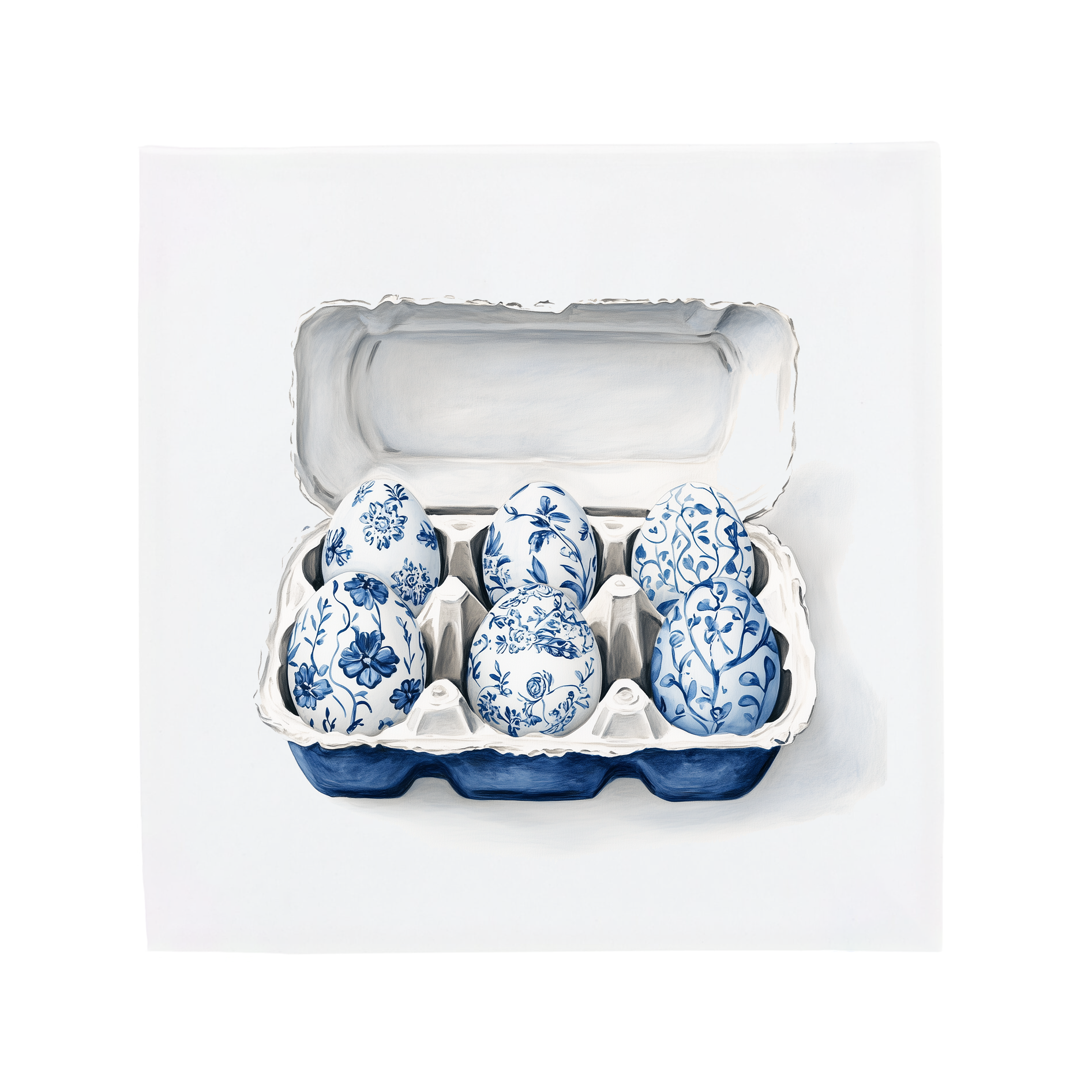 Ceramic Dutch Tile featuring a six-egg carton in a Delft blue pattern.