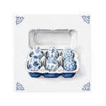 Ceramic Dutch Tile with decorative corner ornaments, featuring a six-egg carton in a Delft blue pattern.
