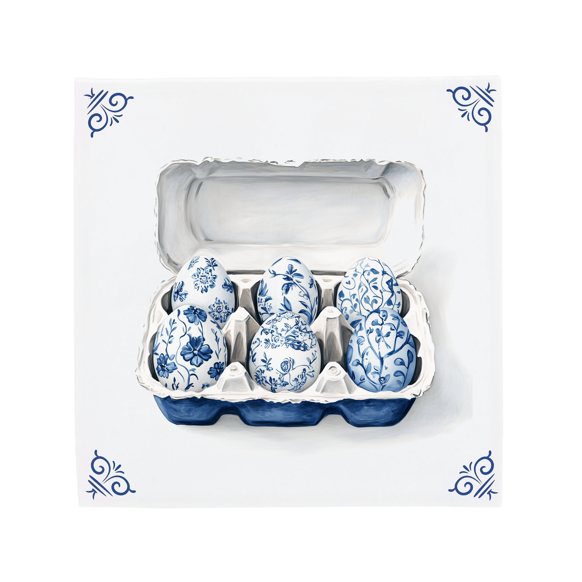 Ceramic Dutch Tile with decorative corner ornaments, featuring a six-egg carton in a Delft blue pattern.