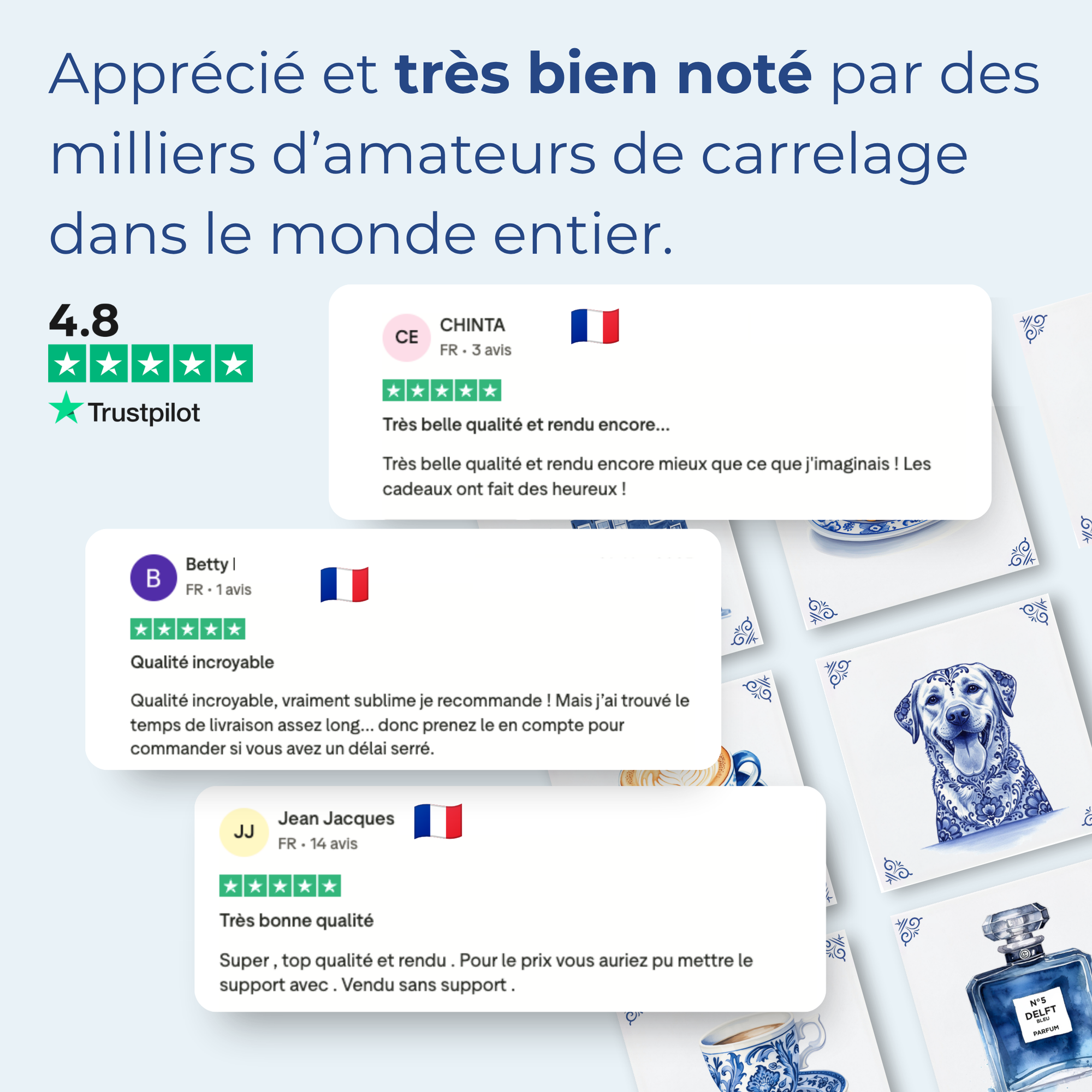 Avis Trustpilot mis en avant avec des notes cinq étoiles pour The Dutch Tile Project [market:fr, be, ch, ca]