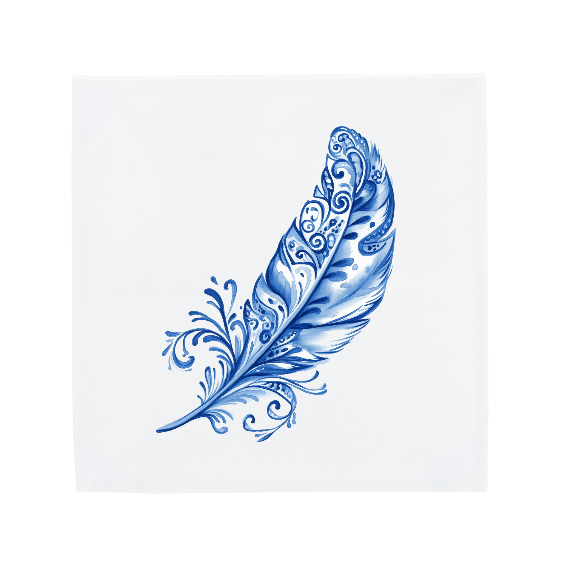 Elegant Delft Blue Feather Ceramic Tile Illustration with Ornamental Floral Pattern