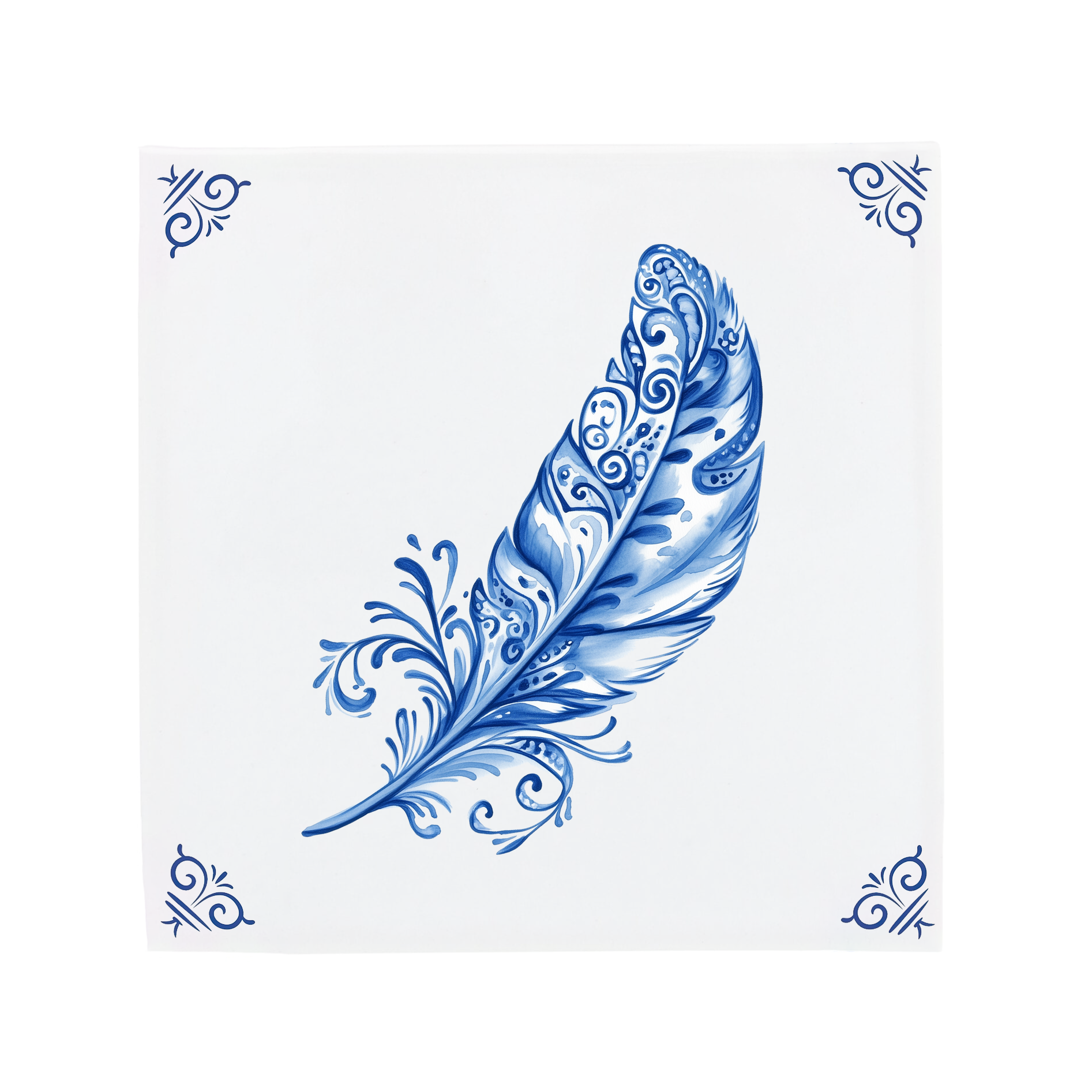 Elegant Delft Blue Feather Ceramic Tile Illustration with Ornamental Floral Pattern