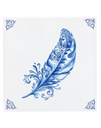 Elegant Delft Blue Feather Ceramic Tile Illustration with Ornamental Floral Pattern