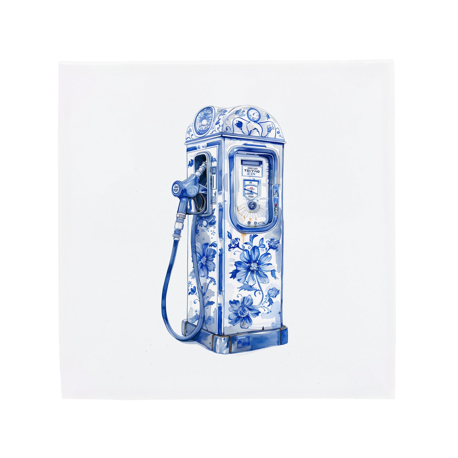 Ceramic Dutch Tile featuring a vintage gas pump with Delft blue motifs.