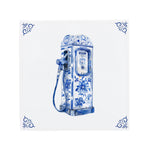 Ceramic Dutch Tile with decorative corner ornaments, featuring a vintage gas pump with Delft blue motifs.