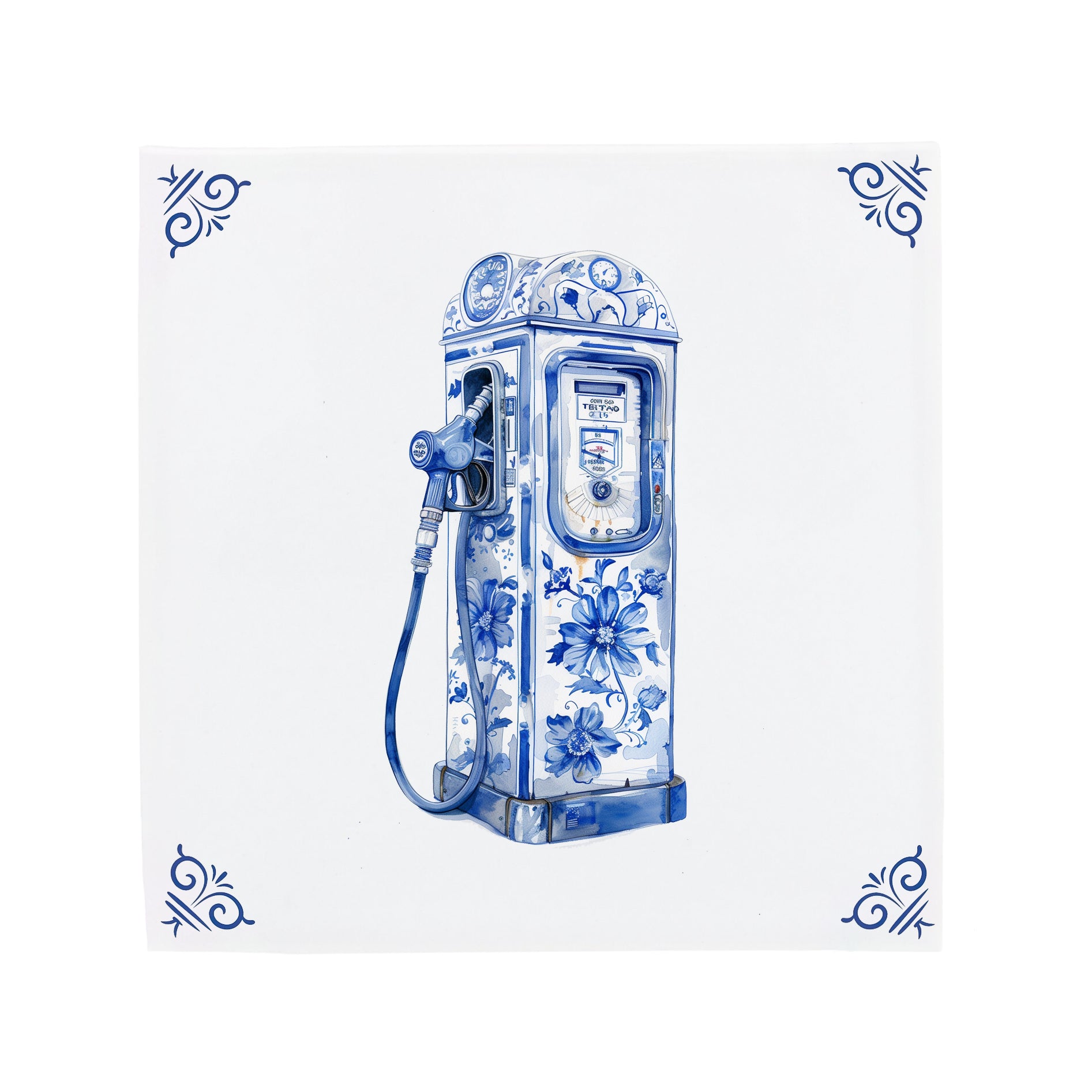 Ceramic Dutch Tile with decorative corner ornaments, featuring a vintage gas pump with Delft blue motifs.