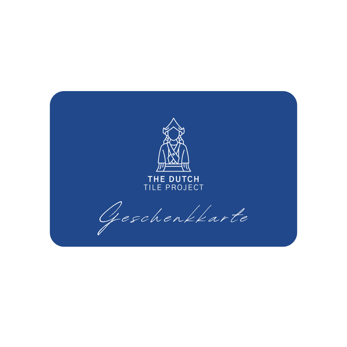 Blauer Geschenkgutschein von The Dutch Tile Project mit weißem Logo und dem Wort „Cadeaubon“ in handschriftlicher Schrift. [market:de, at]