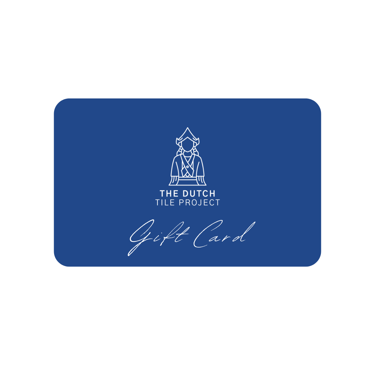 Blue The Dutch Tile Project gift card with white logo and the word “Cadeaubon” in handwritten-style lettering. [market:!nl,!de,!at]